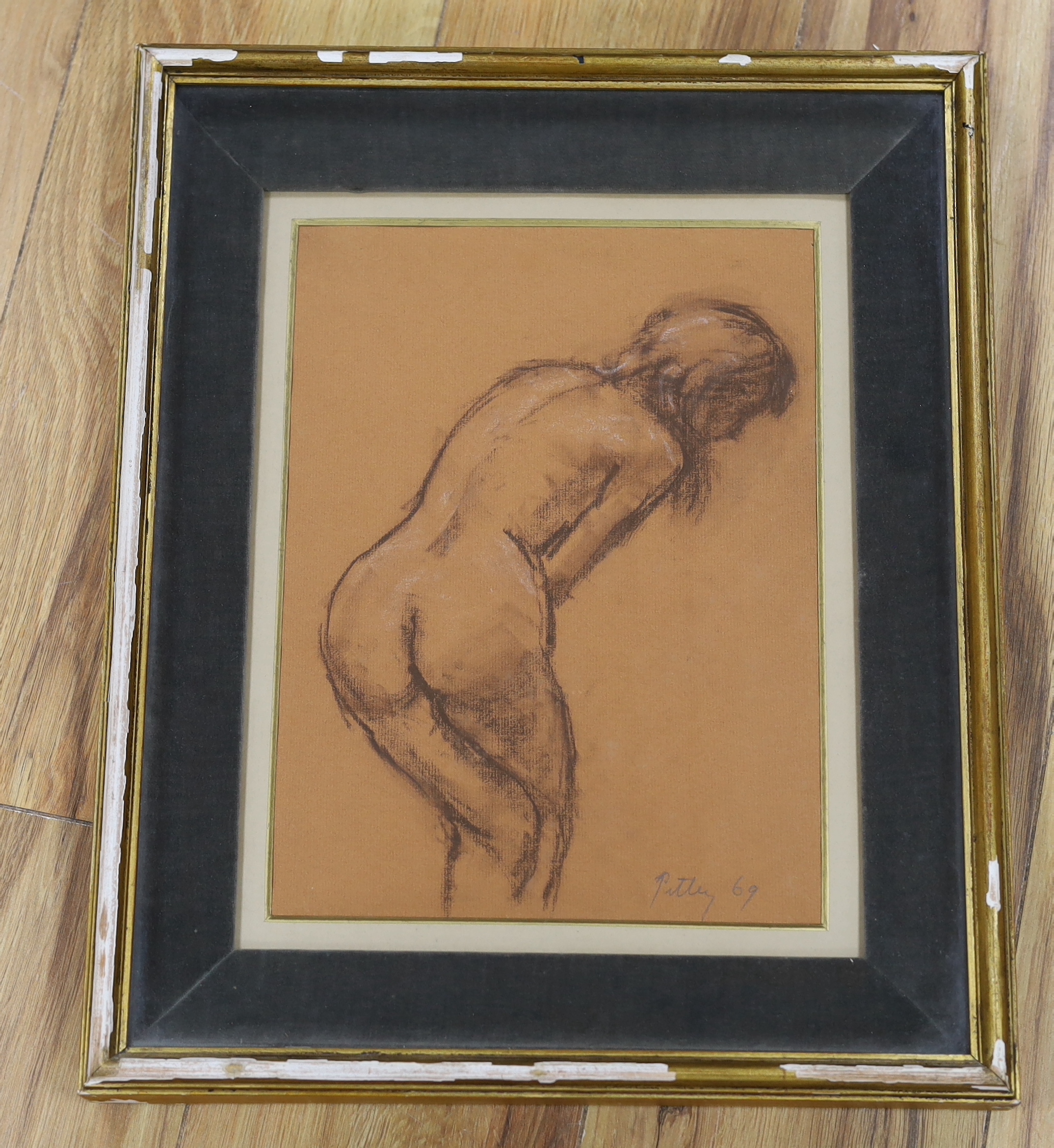 Llewellyn Petley-Jones (1908-1986), conte crayon, Crouching nude, signed and dated '69, 30 x 22cm